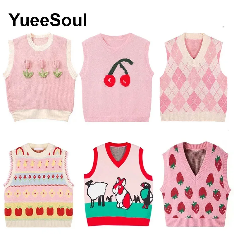 Sweet Cute Pink Knitted Women Sweater Vest Sleeveless Loose Oversized Knitwears 2023 New Y2K Fairycore Korean Style Knit Vest