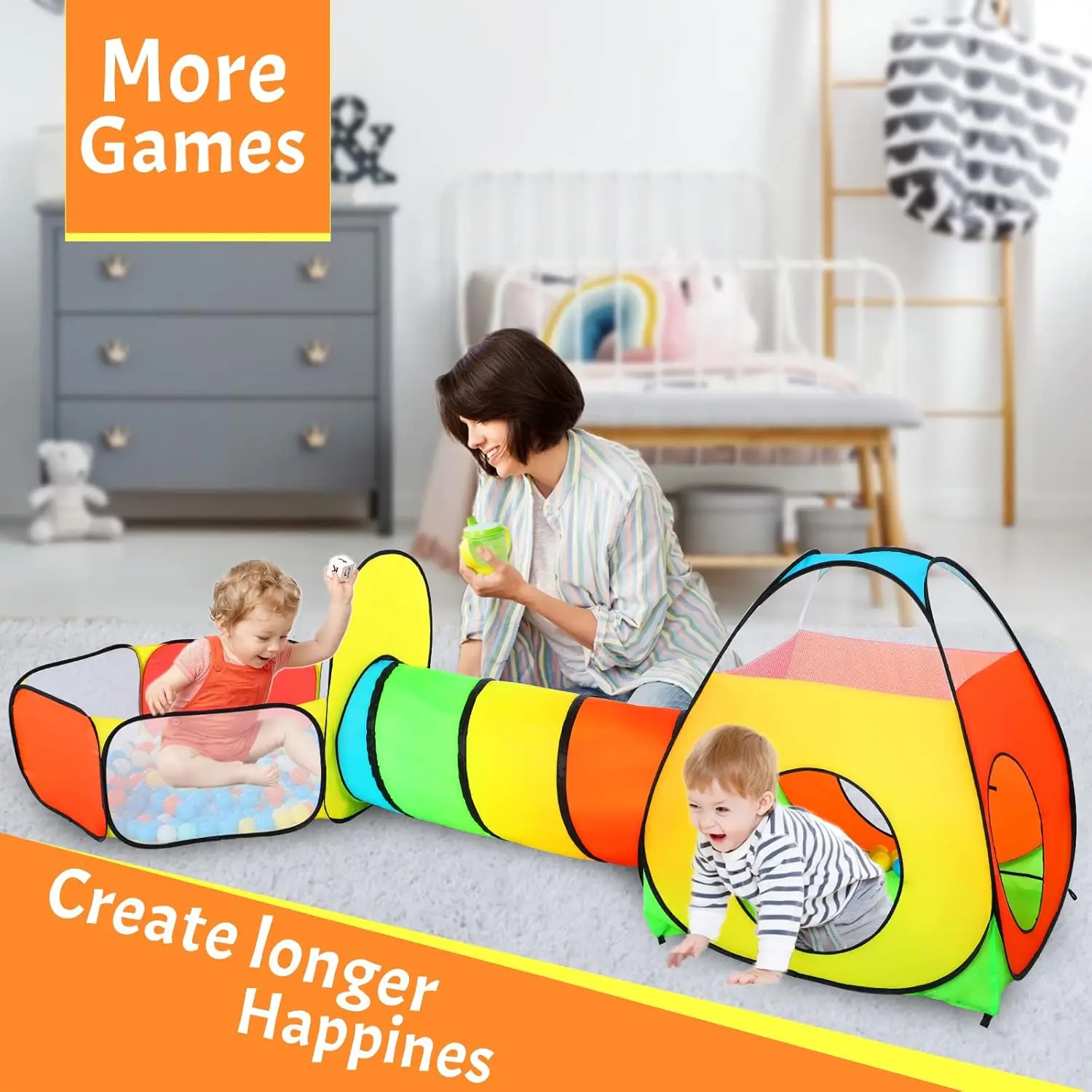 Tente de jeu 3 en 1 pour enfants avec tunnel de jeu, fosse à balles, cerceau de basket-ball pour garçons et filles, jouet de maison de jeu Pop-Up pour bébé en intérieur
