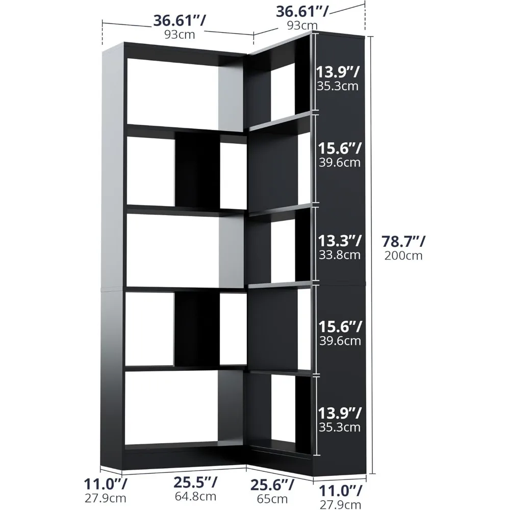 5 Tiers Display Storage Shelves 78 in Tall Bookcase Home Modern L-Shaped Design Furniture for Home Office, Living Room, Bed Room