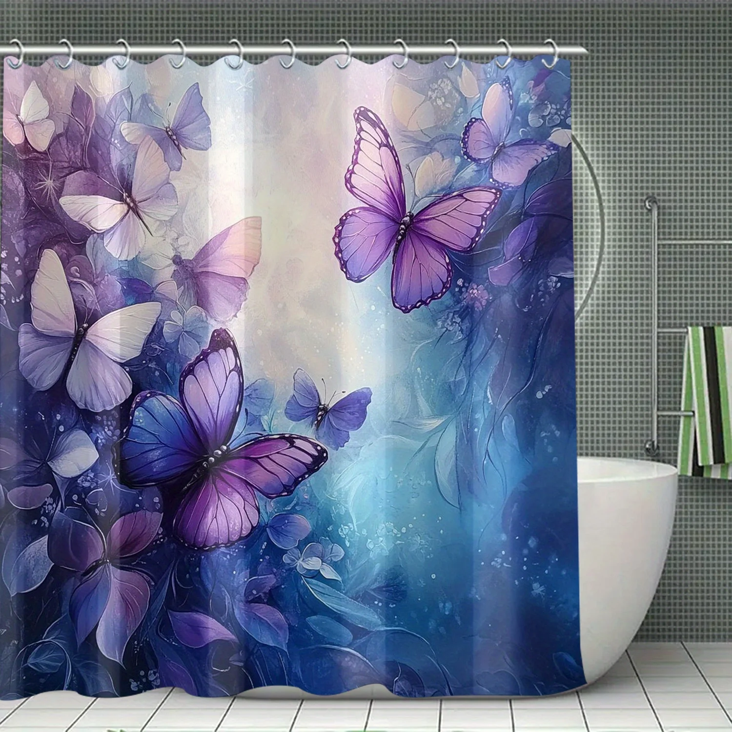 1pc/4pcs Purple Butterfly Shower Curtain Set, Waterproof Polyester Blend, Artistic Graphic Design, With Hooks, Machine Washable
