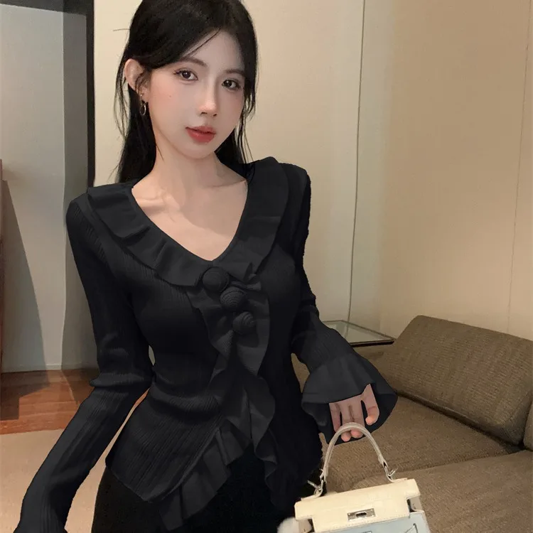 Sexy V-Ne Bell Sve Ruffle Hem Base irt Anti-envejecimiento Versátil Jersey de punto Otoño Invierno Mujer Slim Fit Long Sve...