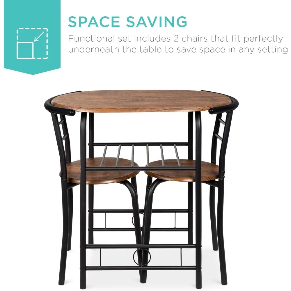 3-delige houten ronde tafel en stoelenset voor keuken, eetkamer, compacte ruimte met stalen frame, ingebouwde wijn