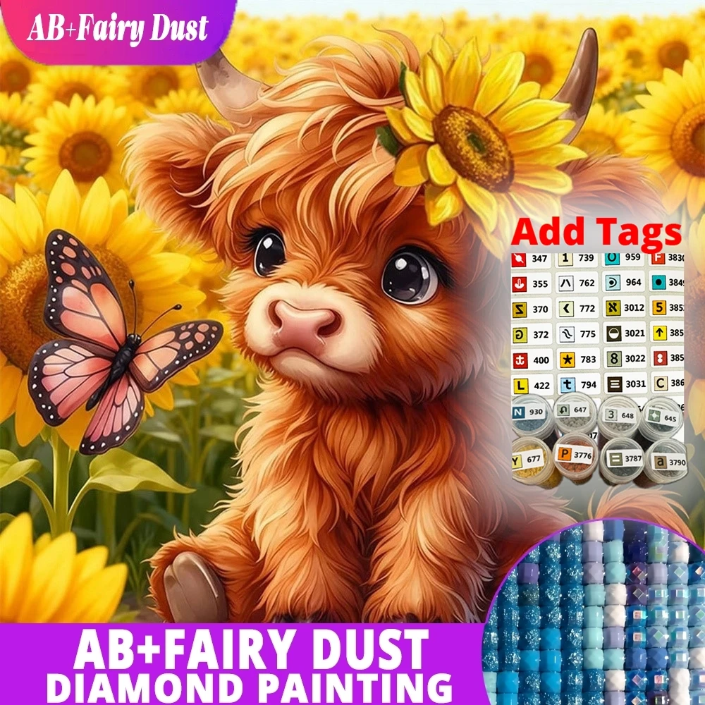 AB Fairy Dust DIY Diamond Mosaic Cartoon Highland Cow Sunflower Butterfly Full Square Round Diamond Painting Wall Art Home Decor