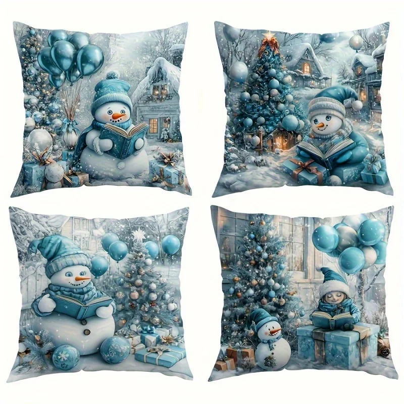4pcs Christmas Pillow Covers – Blue Silver Ornaments & Gold Bow Print, Festive Decor for Living Room Sofa
