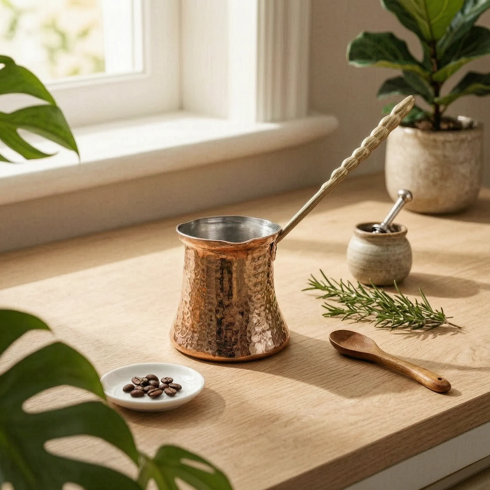 4 Pieces Hammered Copper Coffee Pot Lightweight Copper Cezve Turkish Coffee Pot Compact Drinkware Stovetop Use