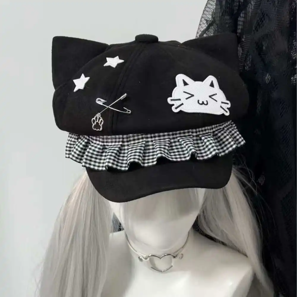

Cute Cat Ear Octagonal Hat Subculture Star Cat Paw Retro Landmine Beret Women's Painter Hat Y2K Accessories