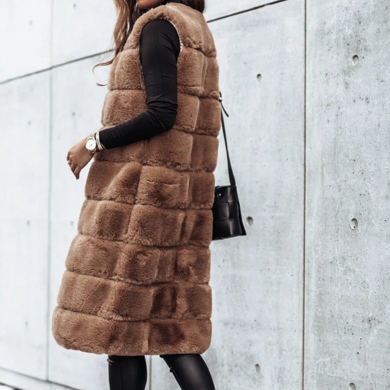 Winter Women's Sleeveless Vest Buttonless Medium-Length Furry Outerwear Open Cardigan Fluffy Faux Fur Vest Street Style