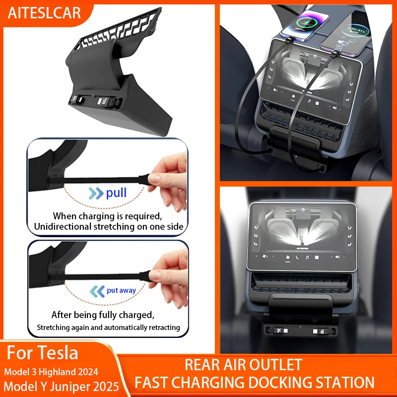 

Для Tesla Model 3/Y Highland Juniper задний вентиляционное отверстие 30-60 Вт быстрое зарядное устройство USB шунт-концентратор аксессуары для интеллектуальной док-станции