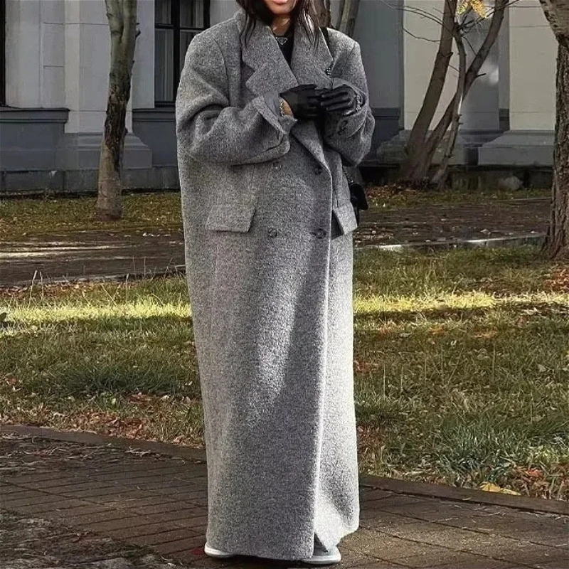 

Women Wool Coats Solid Long Blends Jackets Pocket Long Sleeves Double Breasted Turn Down Collar Loose Casual 2025 Autumn Winter