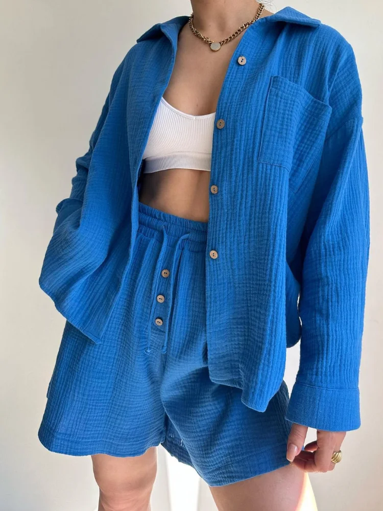 

Blue Lace Up High Waist Short Pants Suit Women Casual Full Sleeve Lapel Single Breasted Shirt 2 Piece Set Lady Holday Outfit