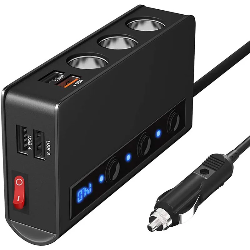 New Car Cigarette Lighter Splitter, 1-to-3 with Switch, 4 USB Ports 180W High Power QC3.0 Fast Charging Car Charger