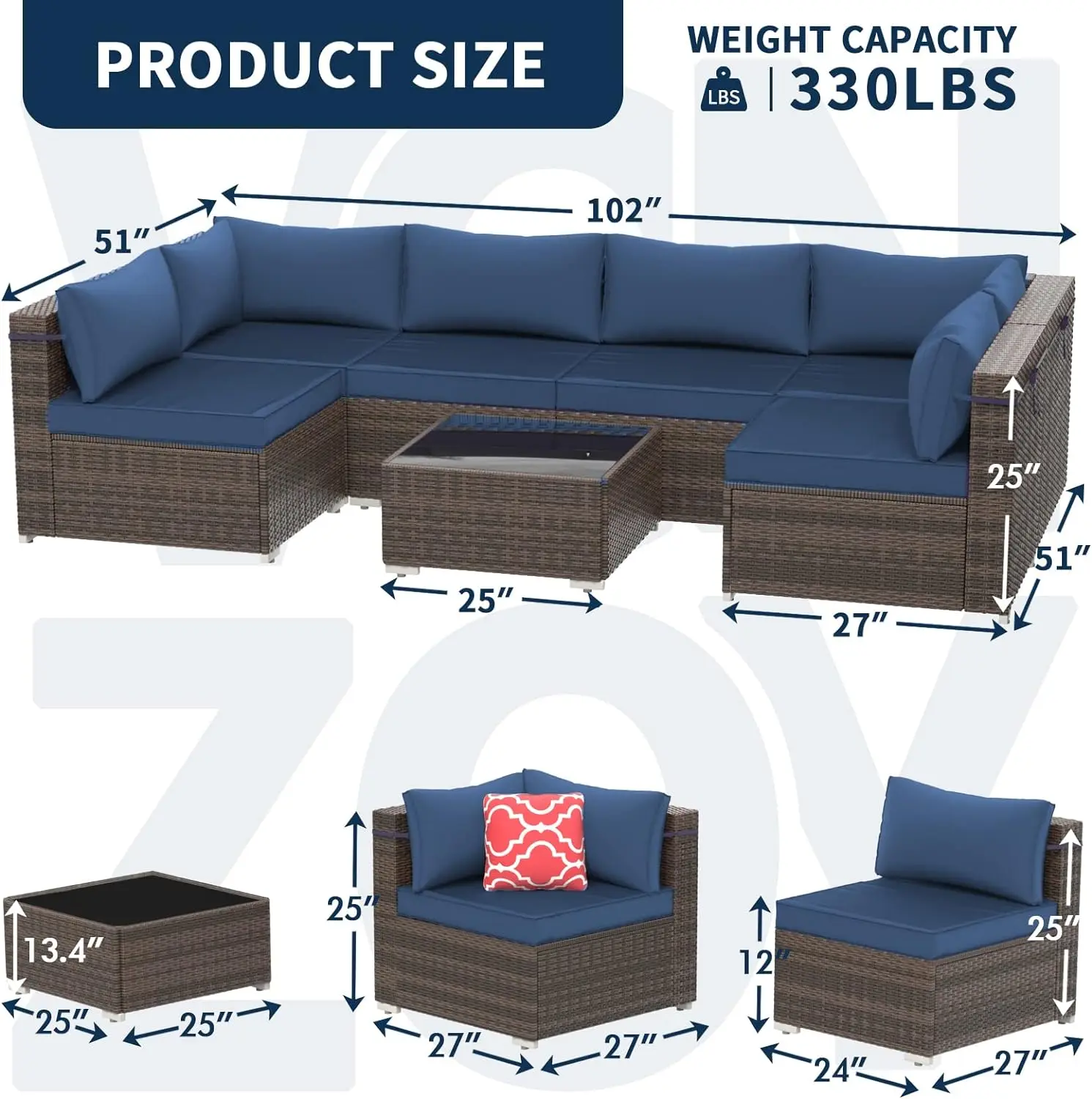 Terrassen möbel Set 7 Stück Rattan Sofa Set, Pe Rattan Korb Terrasse Gespräch Set mit 6 Sitzkissen