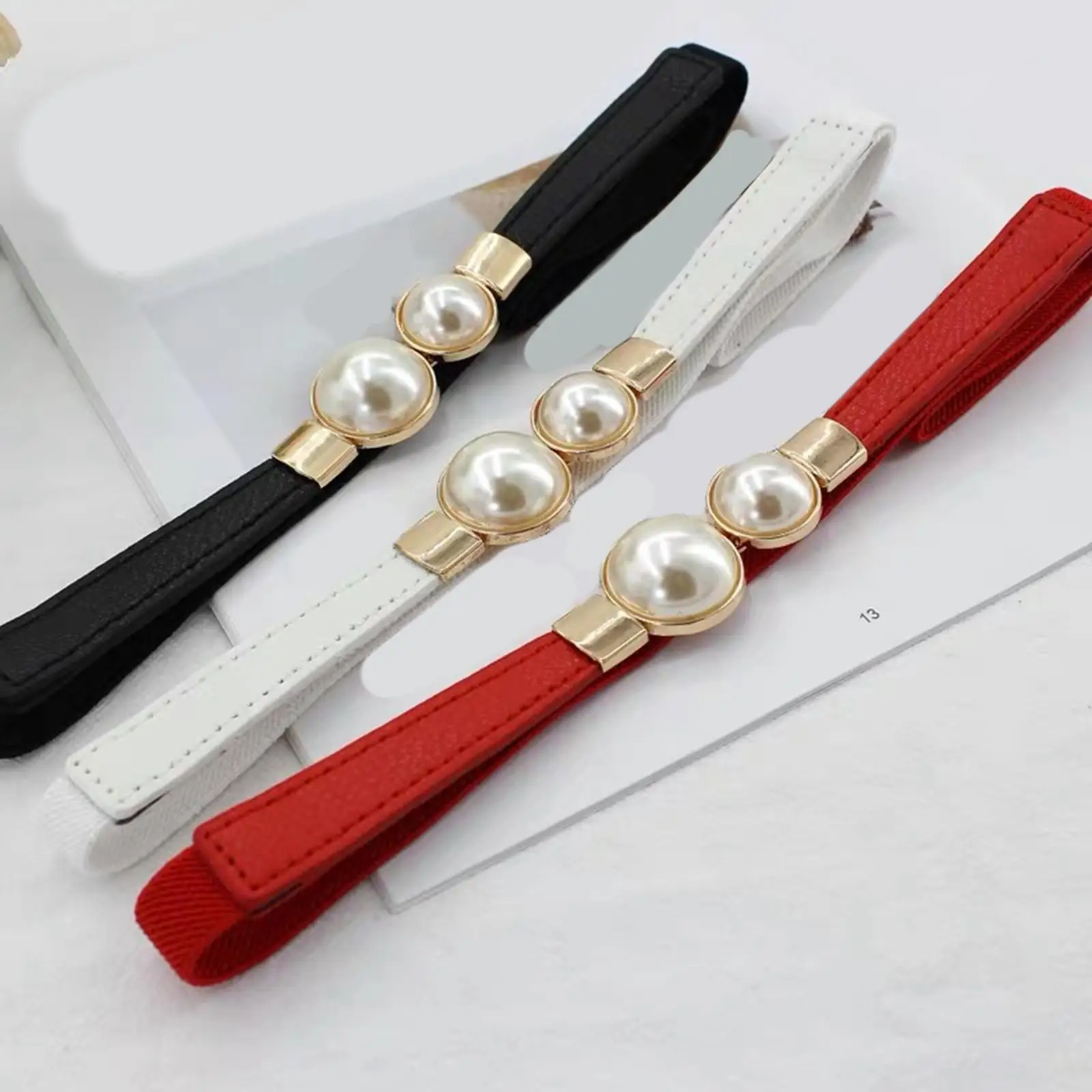 2-4pack Pearl Elastic Belt Thin Leather Women Waist Belt Dress Skirt Decor Red