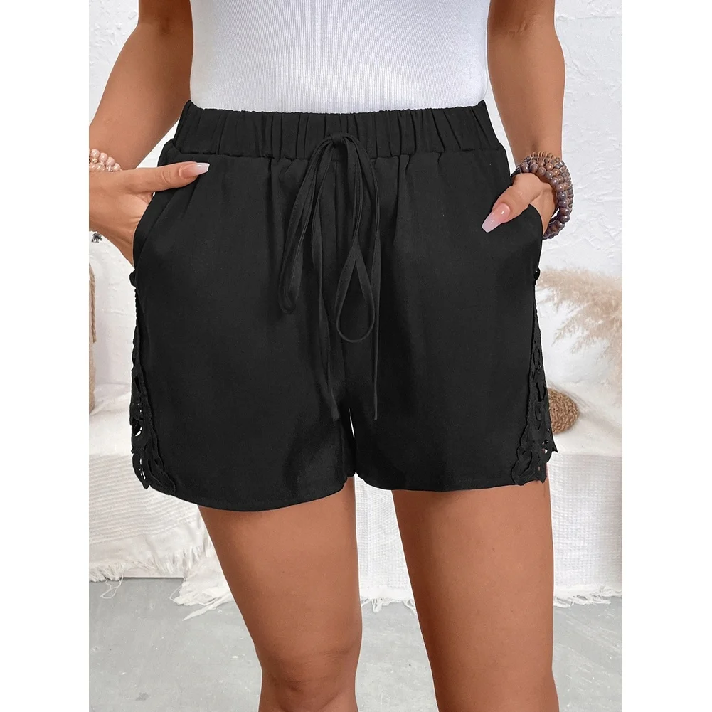 Womens Solid Color Regular Length Shorts Elastic Waist Drawstring and Delicate Lace Cutout for Vacation Outings