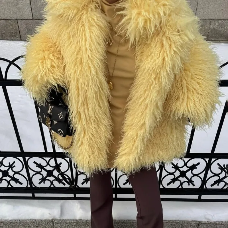 سترة نسائية من فراء الثعلب الصناعي المنفوش من Talenza معطف شتوي فضفاض فاخر بأكمام طويلة وخصر عالي معطف مرقع ملابس خارجية للنساء 2025