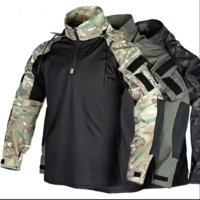 Hiking Tactical Shirt Men Outdoor Breathable Detachable Hooded Camping Top Quick Drying Treking Fishing Military Combat Pullover