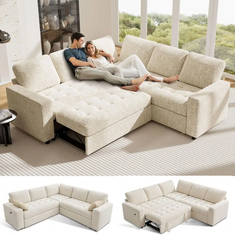 

5-Seat L-Shaped Sectional Sofa Bed with Pull-Out Bed, Reclining Backrest, USB Ports, Storage, Easy Assembly, Chenille Beige