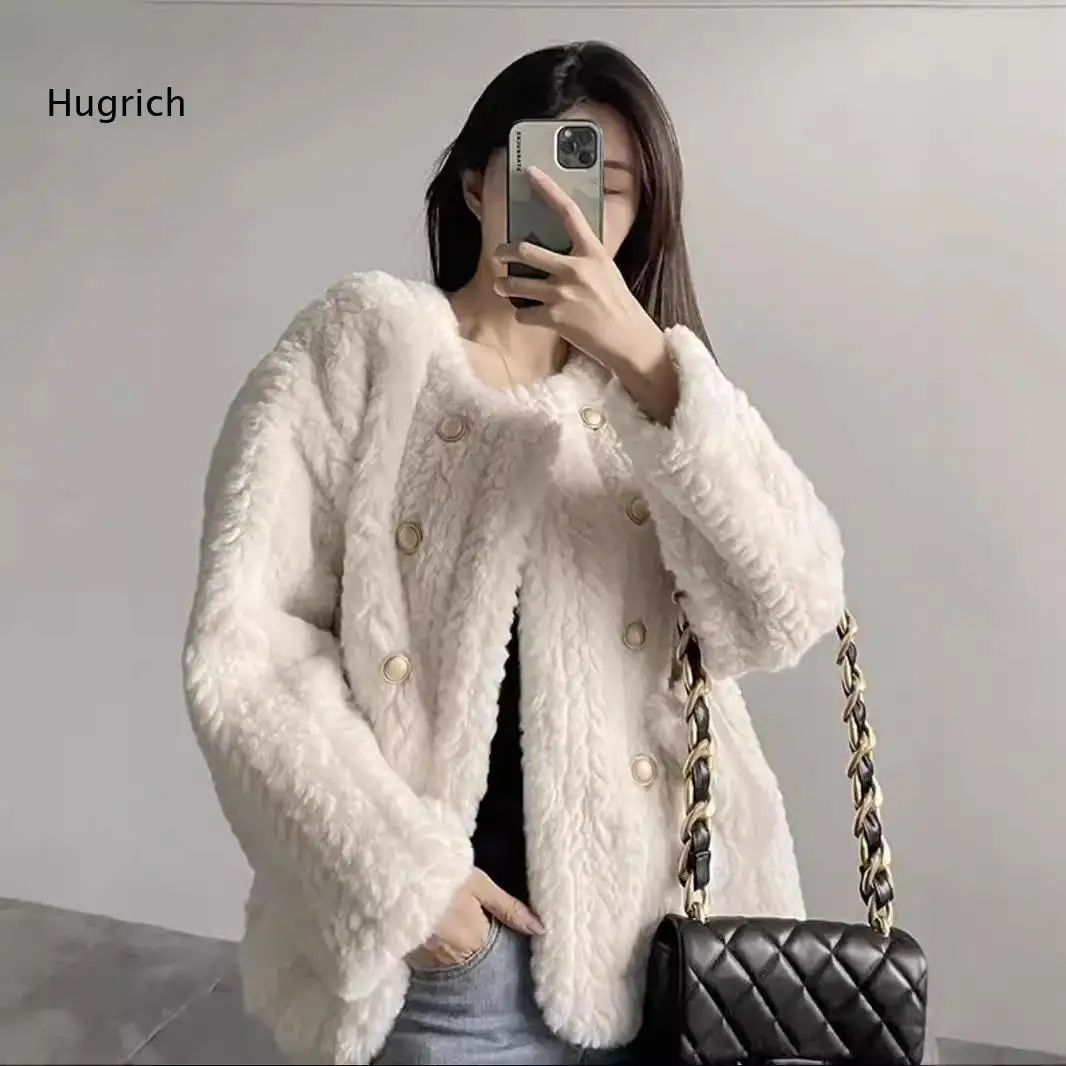 Women Fuzzy Fleece Round Neck Double Breasted Coat Long Sleeve Pocket Loose Fit Warm Outerwear Jacket For Fall Winter
