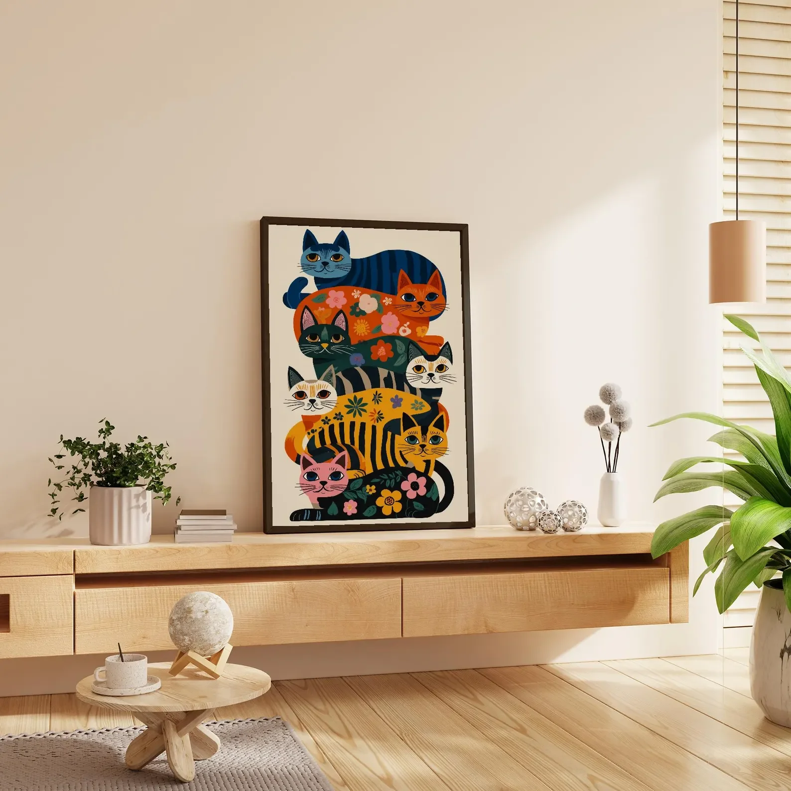 Colorful Cat Wall Decor,Playful Cat Illustration,Maximalist Home Poster,Funny Cat Art Print,Whimsical Floral Artwork,Bright Mode