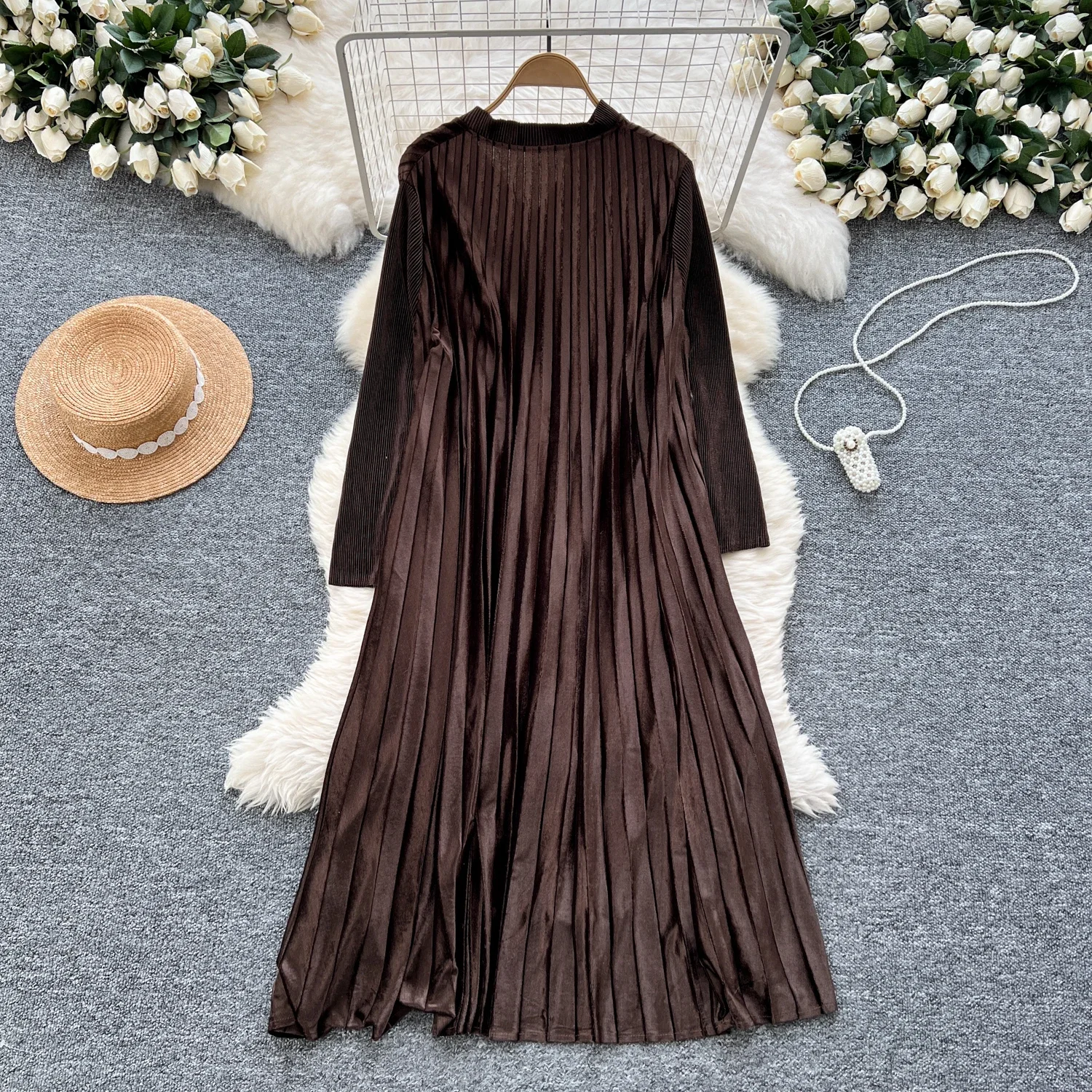 Women V-neck Vintage Long Sleeves Elegant Embroidered Bead Loose Lace Spliced Pleated Dresses French High Street Autumn Clothing