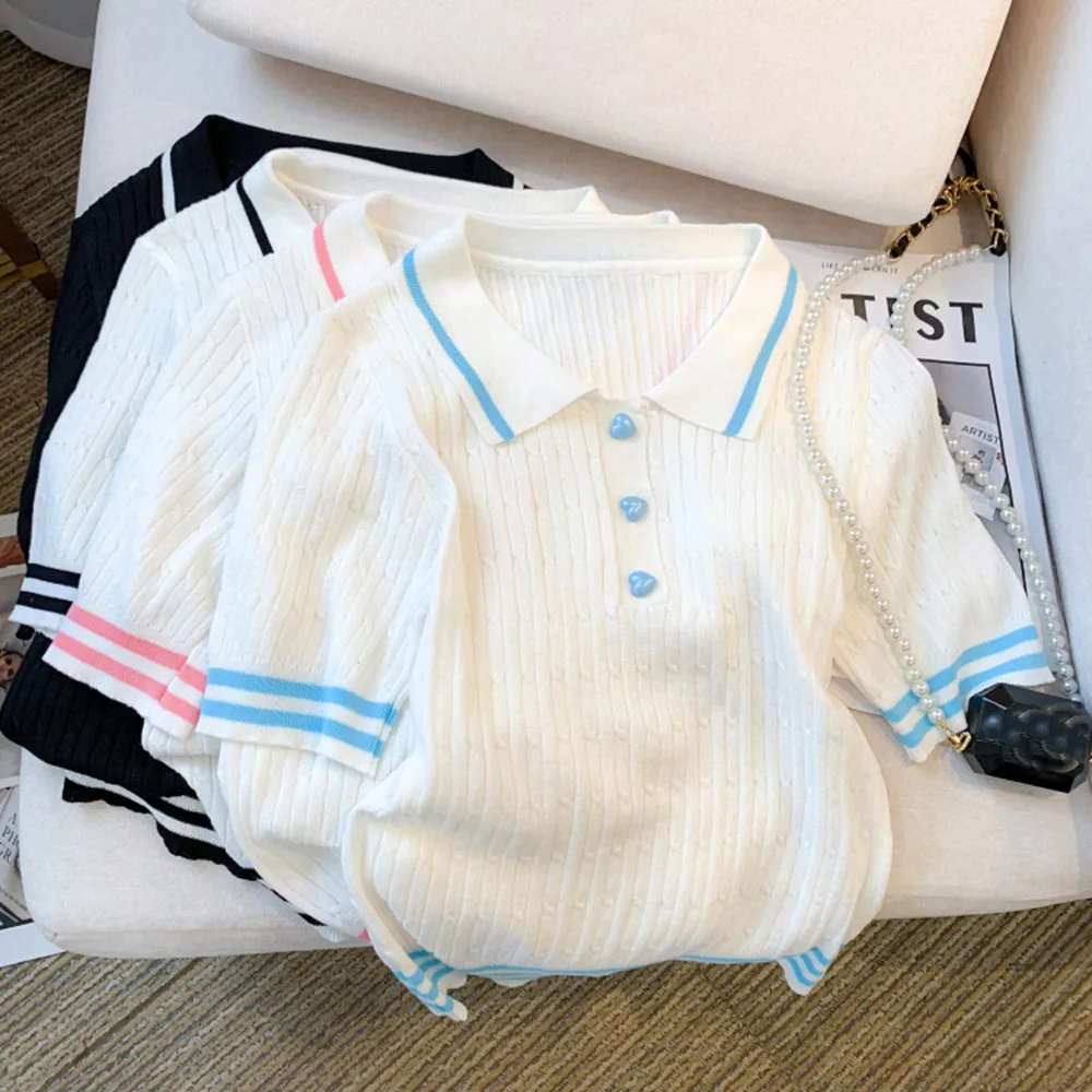 

Clothing Femme 2025 Summer Casual Contrast Color Turn Down Collar Sweater Women Short Sleeve Knitted Tops Female