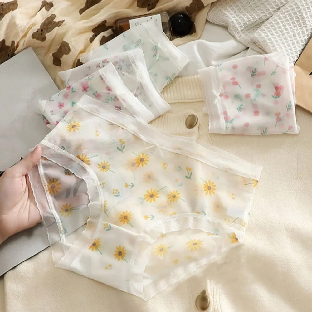 

5PCS Intimates Ultra-thin Mesh Flower Panties Mid Waist Seamless Transparent Floral Briefs Underpants Underwear for Women Gifts