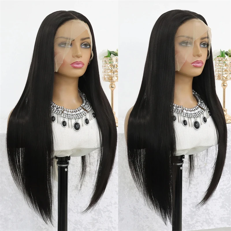 Natural Black Silky Straight Lace Front Wig 26Inch 180Density For Black Women With Baby Hair Glueless Synthetic Preplucked Daily