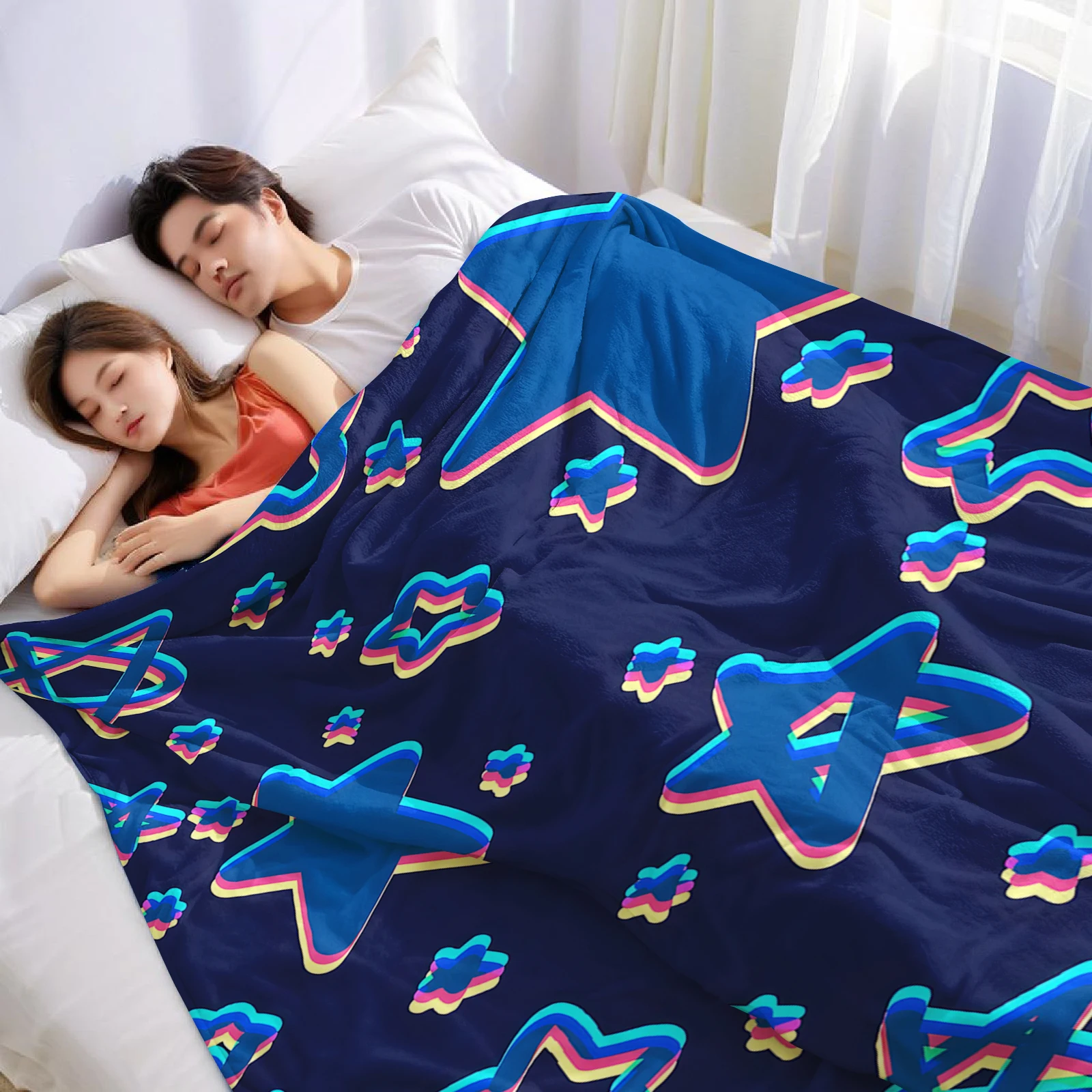 Navy Cyan Glitch Stars Cartoon Anime Print Flannel Blanket Soft Warm Throw for Kids Bedroom Sofa Bed Christmas Office Car