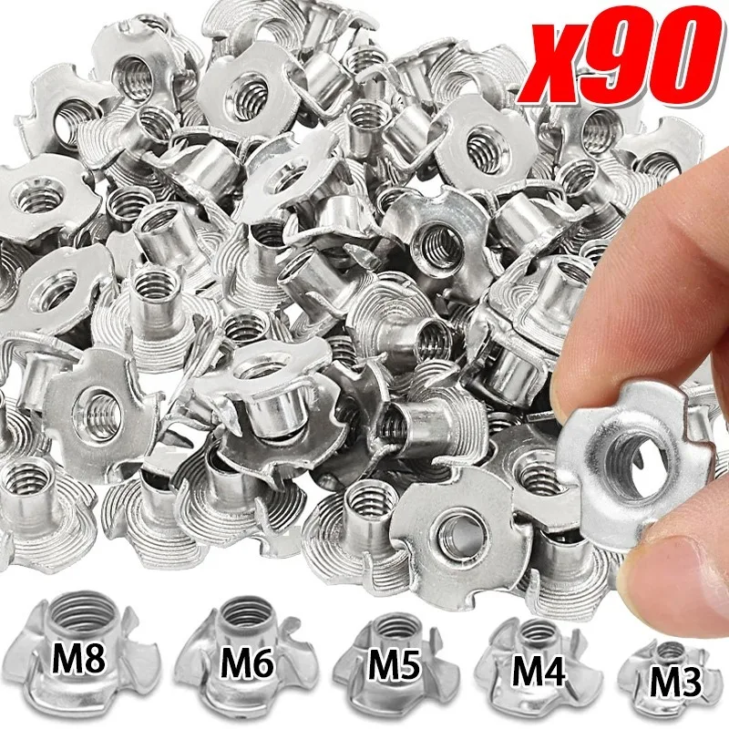 90Pcs Galvanized Four-Claw Nuts Carbon Steel Four-Point Impact Nuts Suitable for Wooden Furniture Maintenance Home Improvement