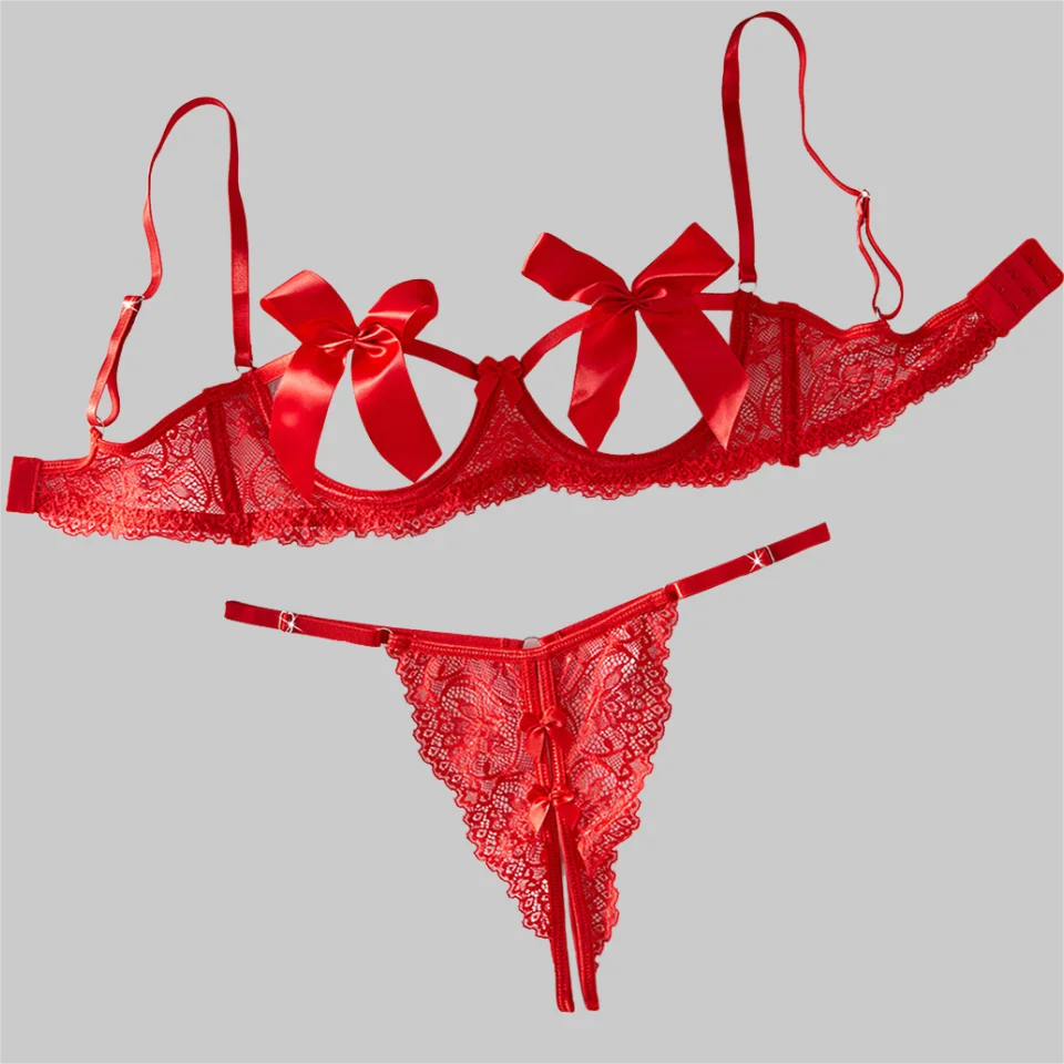 

Ellolace Romantic Women's Lingerie Sets Seductive Open Crotch Bra Thong 2PC Cute Intimate Underwear Hollow Breast Bowknot Kit