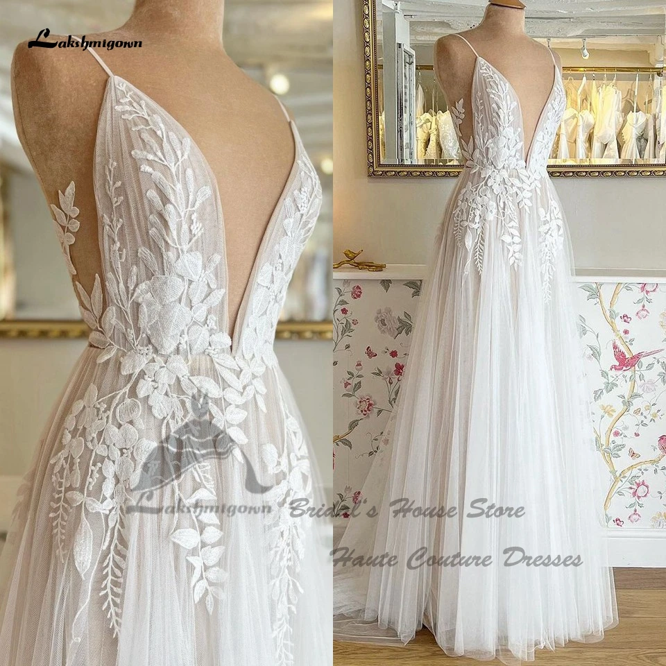 Lakshmigown Bohemian Bridal Dress For Wedding 2024 Sukienki Plunging Champagne Tulle Long Beach Wedding Dresses Open Back