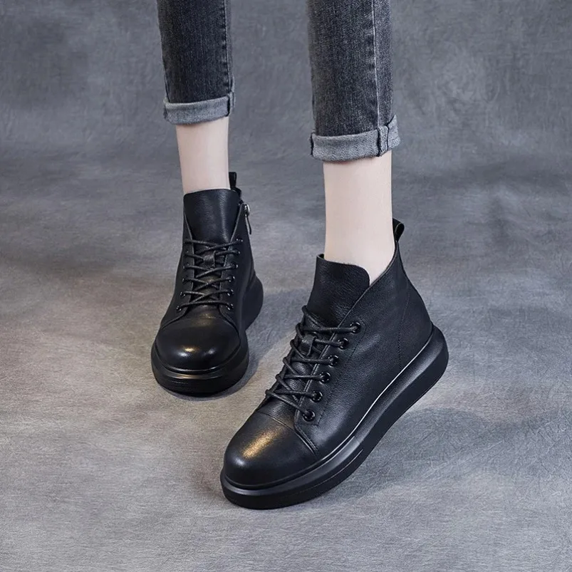 

2025 модные черные ботильоны на толстой подошве для женщин, зимняя теплая обувь, повседневные короткие ботинки на платформе с круглым носком из натуральной кожи