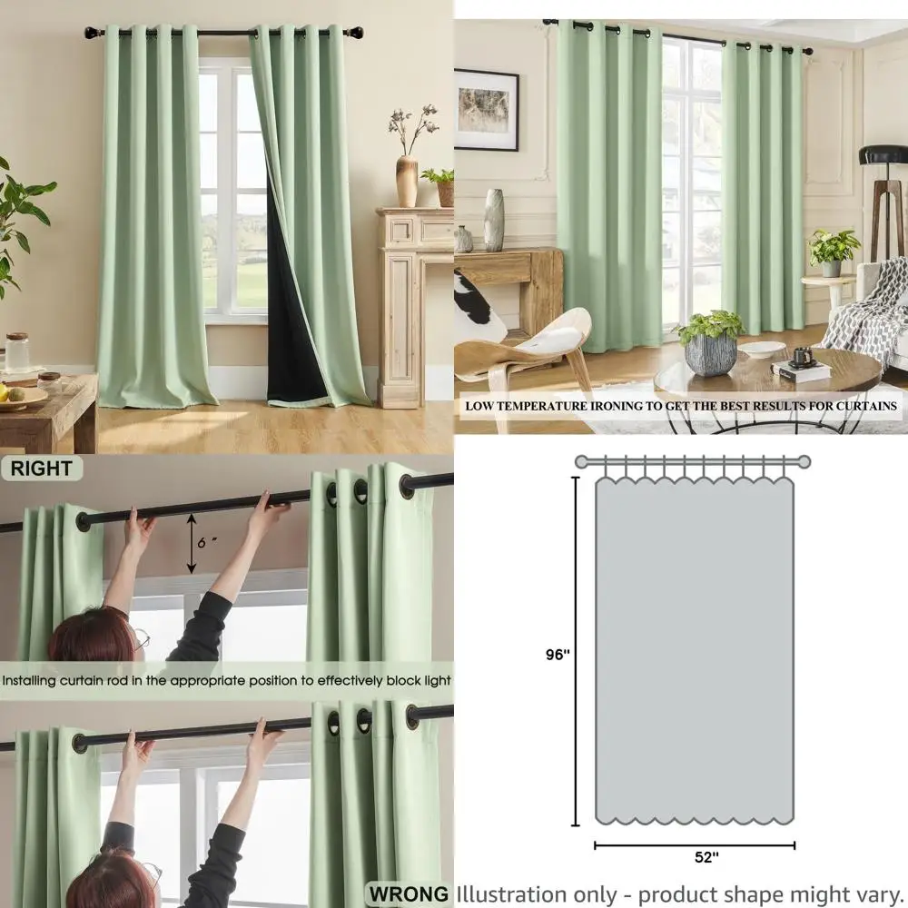 

Thermal Insulated Sage Green Curtains, 2-Panel Set, 52x96 Inch, Full Light and Heat Blocking for Bedrooms and Living Rooms