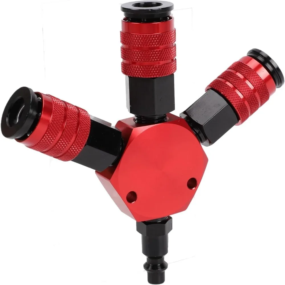 1/4 Inch NPT 3 Way Air Manifold 4 Ports Aluminum Flat Hex Design Air Compressor Fittings Male NPT Plug Quick Connect