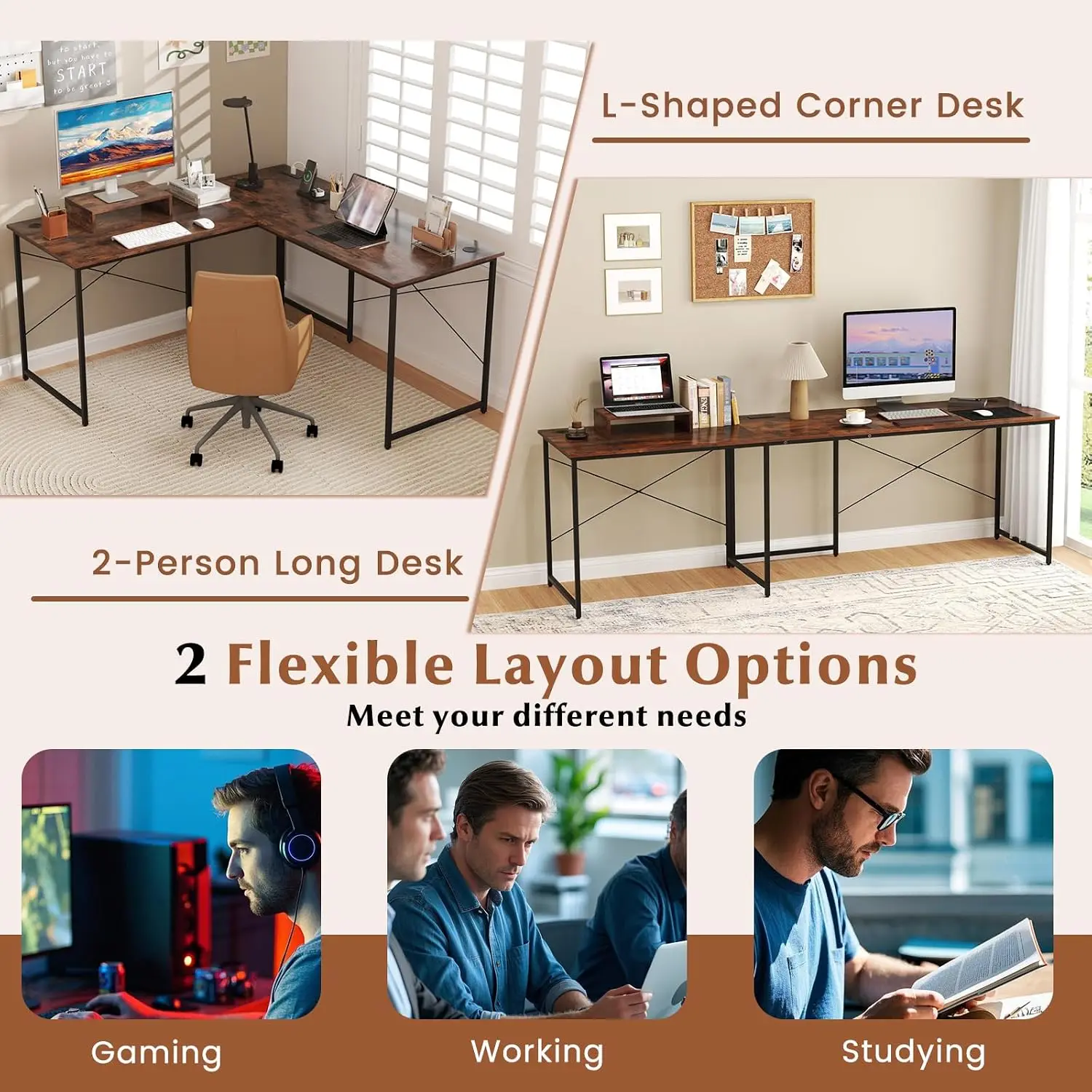 L Shaped Desk 59 Inch Reversible Corner Desk Power USB Monitor Stand Wooden Gaming Table Home Office, Customized