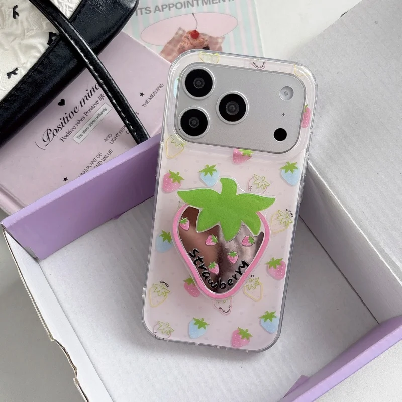 

﻿Sweet Pink Strawberry Mirror Holder Phone Case For iPhone 13 14 15 16 17 Pro Max Cartoon Cute Strawberry Make Up Mirror Stand﻿