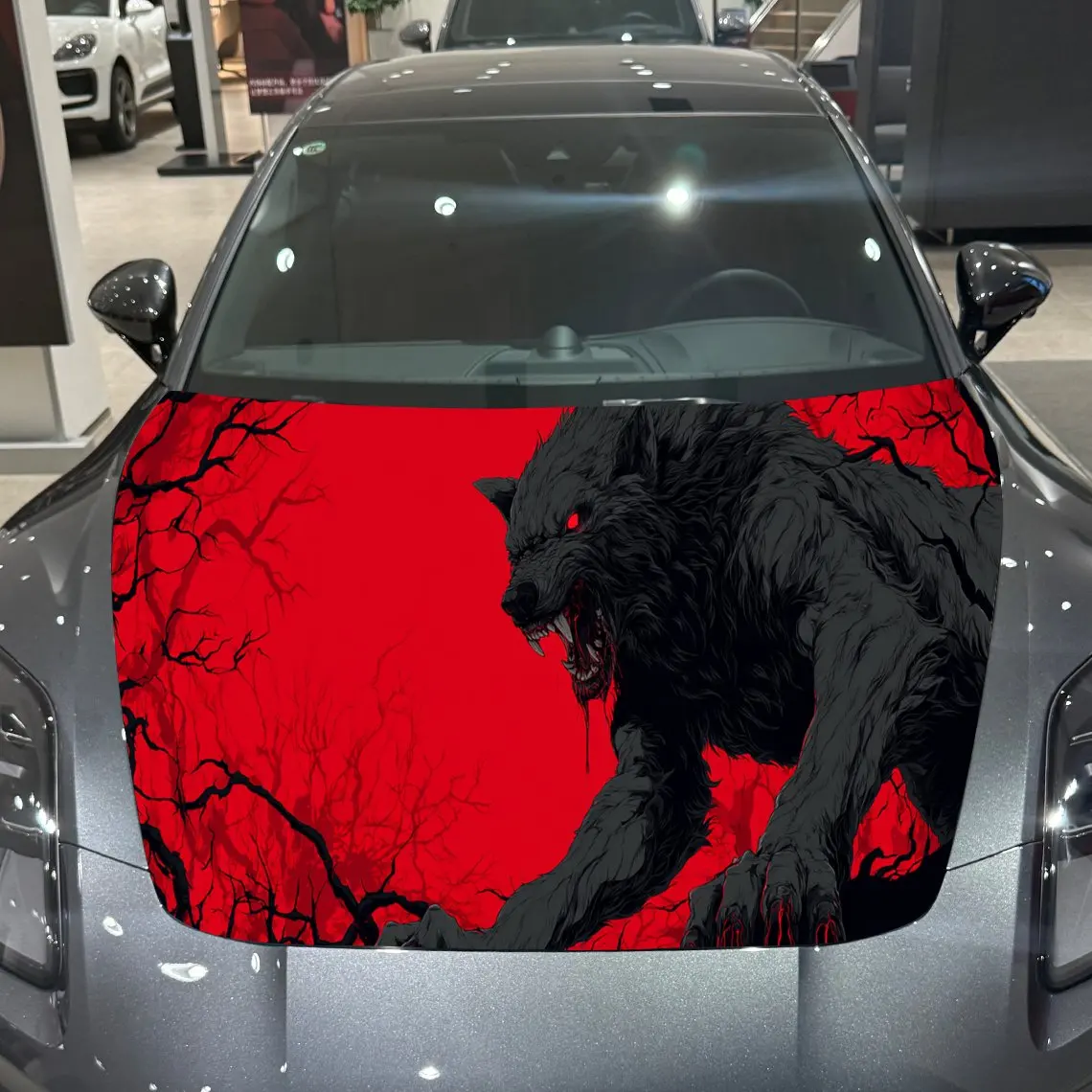 Bloody Black Wolf Dominance Scene PVC Car Engine Hood Vinyl Wraps, Self-Adhesive Waterproof Car Hood Decal Sticker, Car Decorati