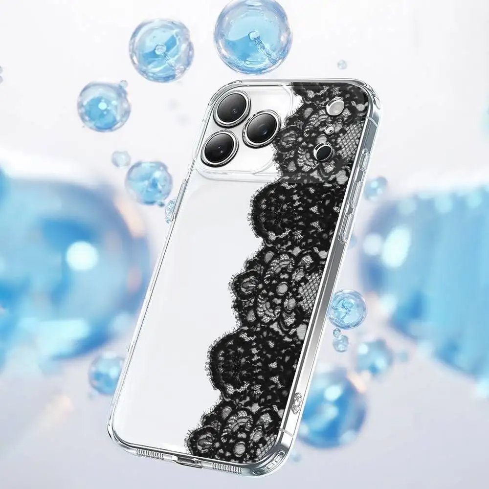 Mode Rosa Schwarz Spitze Druck Muster Telefon Fall Für iPhone 17,16,15,14,13,12,11 Plus,Pro,Max,Plus,E,SE4,Air,Mini Transparent
