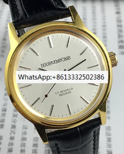 Original Beijing Watch Factory, Shuangling brand yellow shell strip nail white face manual mechanical watch, diameter 35mm