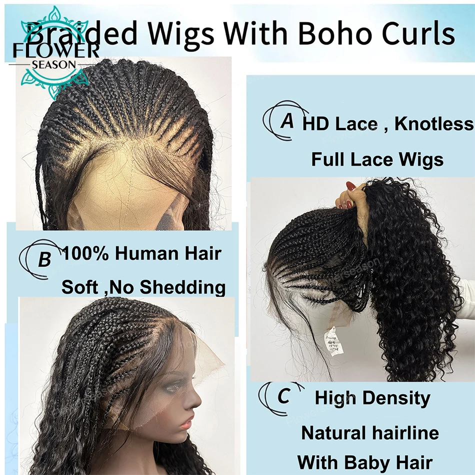 Perucas trançadas 100% cabelo humano hd renda sem nós perucas completas do laço cornrow tranças perucas com cabelo do bebê 300% densidade para preto