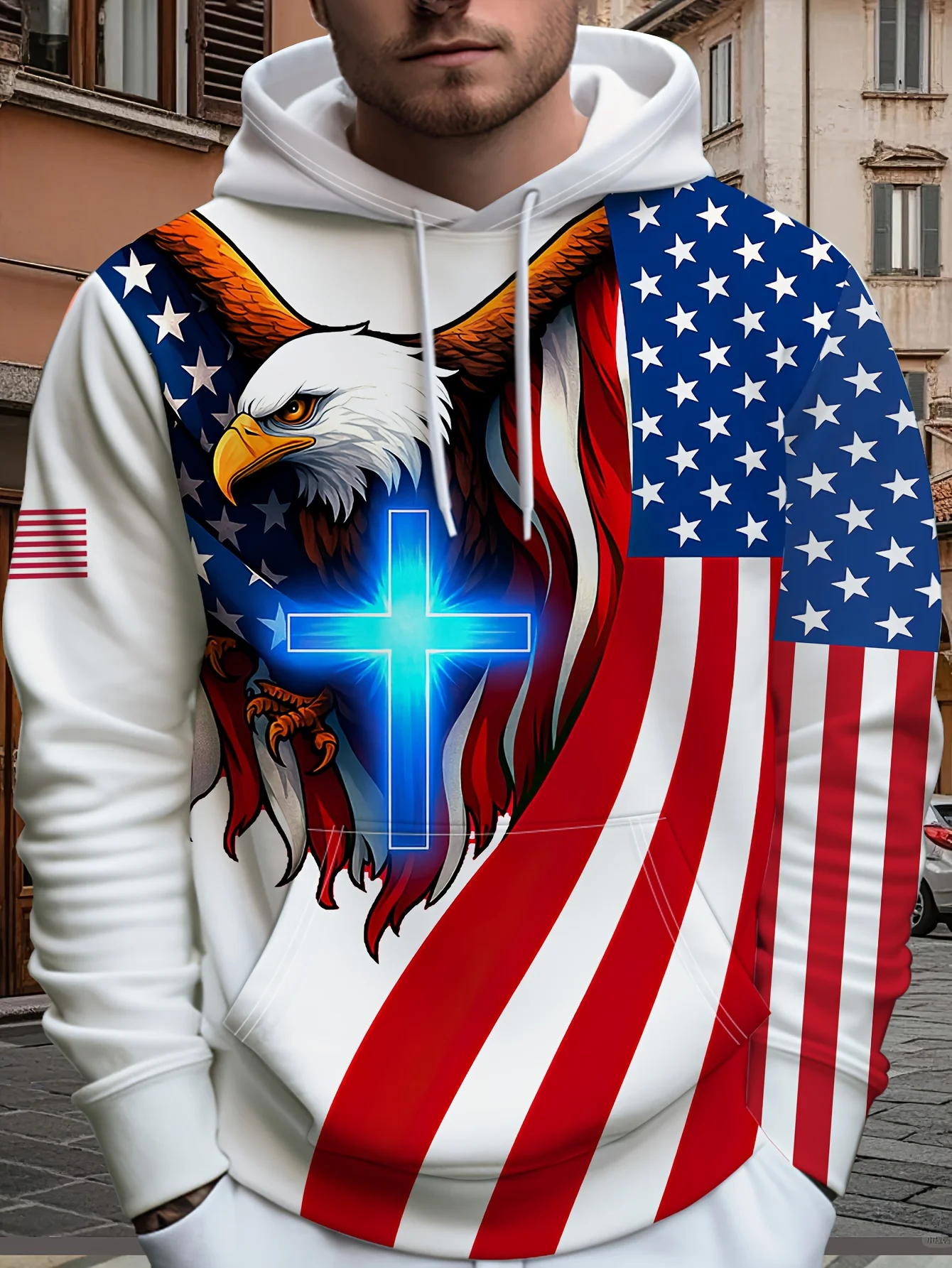 Men Women USA Eagle Cross Hoodie American Flag Patriotic Print Casual Pullover Hooded Sweatshirt Hip Hop Sport Streetwear Tops