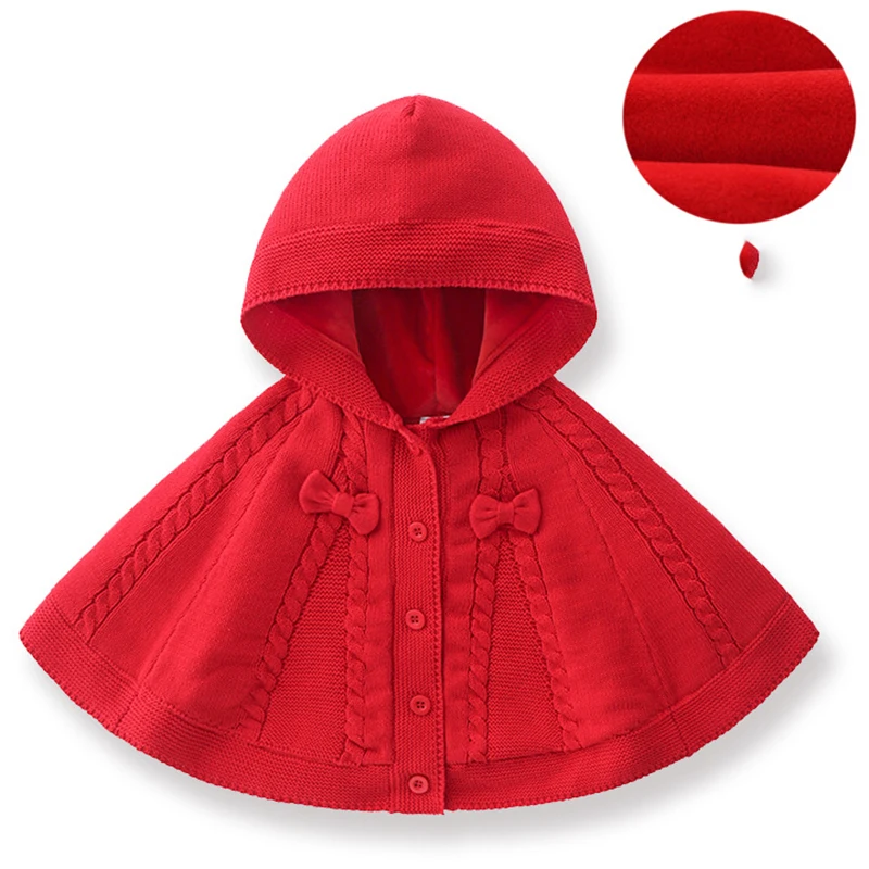 

Christmas Newborn Baby Girls Knitting Cape Long Sleeve Red Color Hooded Cape Sweater Autumn Toddler Baby Girls Sweater Pullover