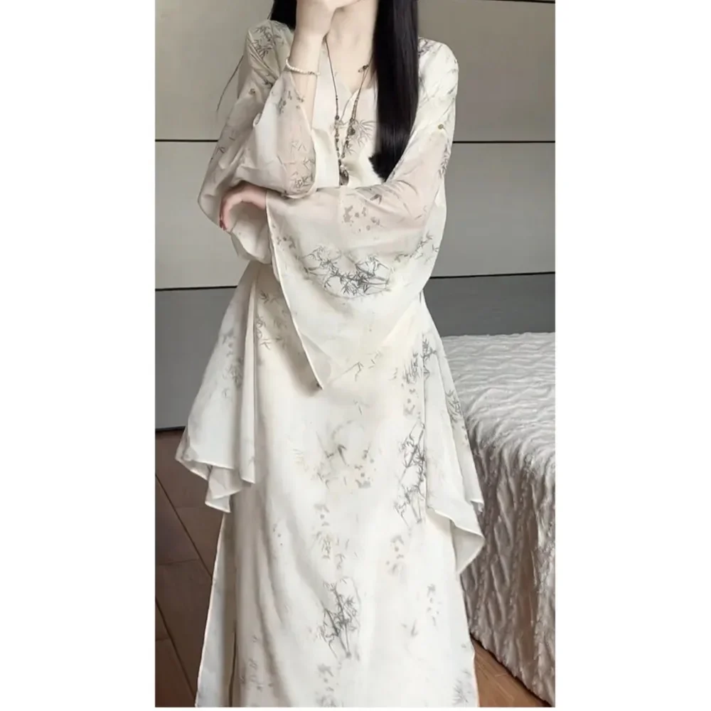 Vestido chinês estampado com bambu estilo antigo elegante primavera e outono roupas femininas vintage de alta qualidade