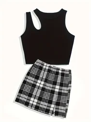 Elegant Slim Two-piece Skirt Set Crop Solid Sleeveless Tank Top & Plaid Print High Waist Skirt Outfits Women's Clothing