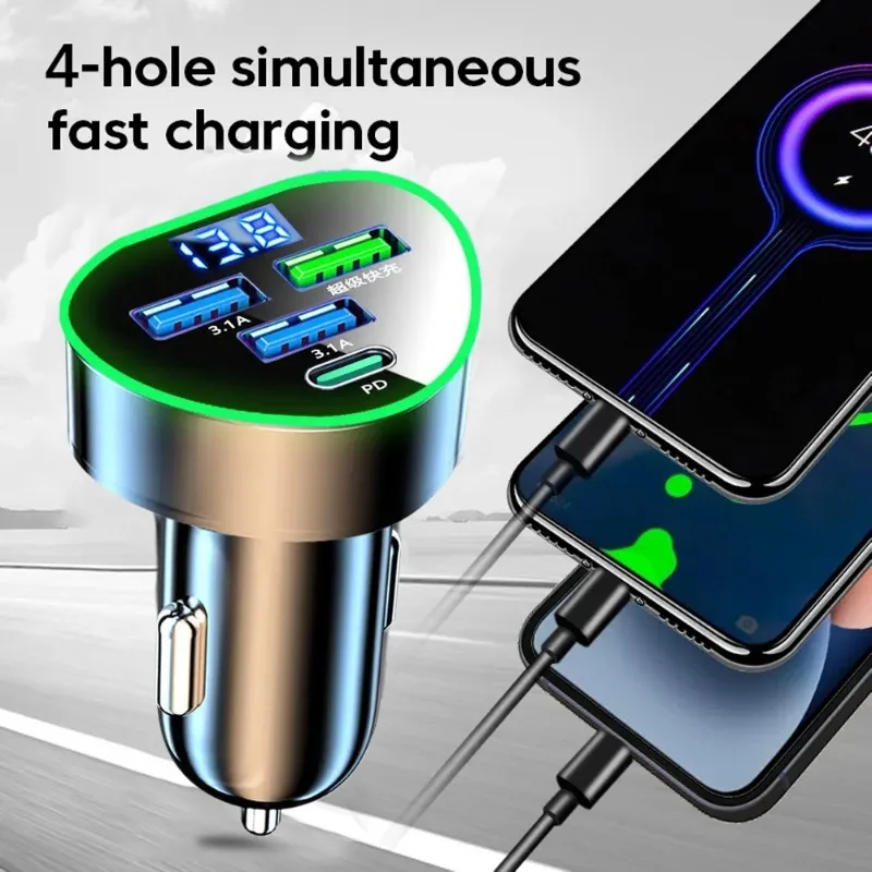 350W Car Phone Charger USB Type C Super Fast Charge in Car with LED Voltage Monitor for IPhone Samsung Huawei Oneplus Vivo Oppo