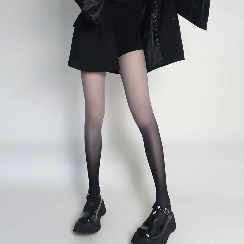 Women Gradient Gray Black Sheer Mesh Tights Ombre See Through Fishnet Pantyhose  Street Fashion Stockings