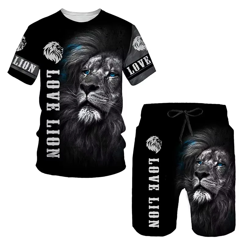 Conjunto de camiseta e shorts de leão animal estampado em 3D masculino, roupas esportivas, roupas de praia, roupas masculinas