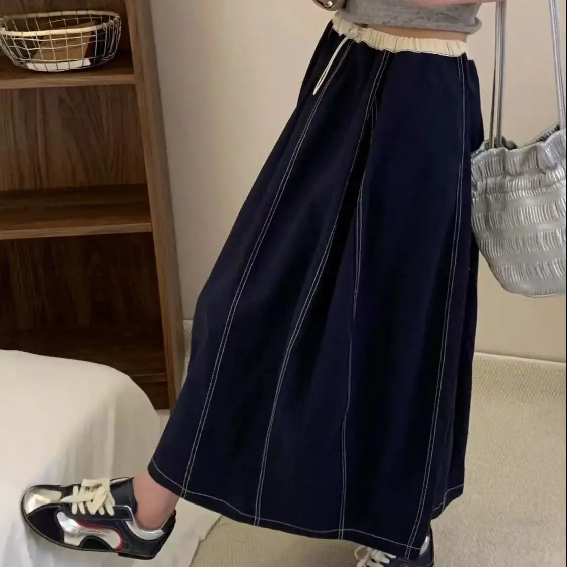 กระโปรงทรงบับเบิ้ลสไตล์ใหม่สำหรับฤดูใบไม้ร่วง แฟชั่นผู้หญิง ผ้าฝ้ายฟอกลายปะติด เอวสูง ยางยืด สวมใส่สบาย ทรงเอไลน์ กระโปรงคาร์โก้