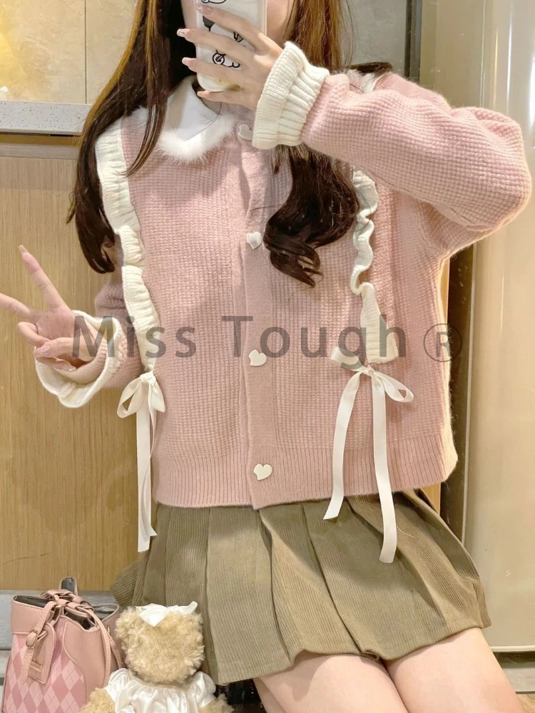 Pink Japanese Kawaii Two Piece Set Women Preppy Style Bow Sweet Skirt Suit Female Knit Cute Cardigan ＋ Brown Elegant Mini Skirt