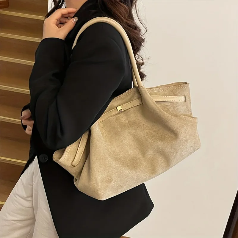 Vintage Suede Shoulder Bag for Women, Minimalist Large Capacity Tote Bag, Elegant Retro Shoulder Purse for Daily Dating Travel